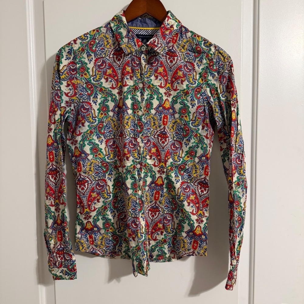 Tommy Hilfiger Womens Small Paisley Button Down Shirt Long Sleeve Multi-Color